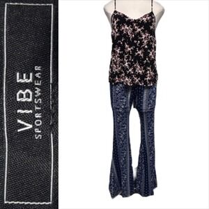 Vibe Sportswear Womens M Blue Floral Patterned Wide Leg Boho Pants